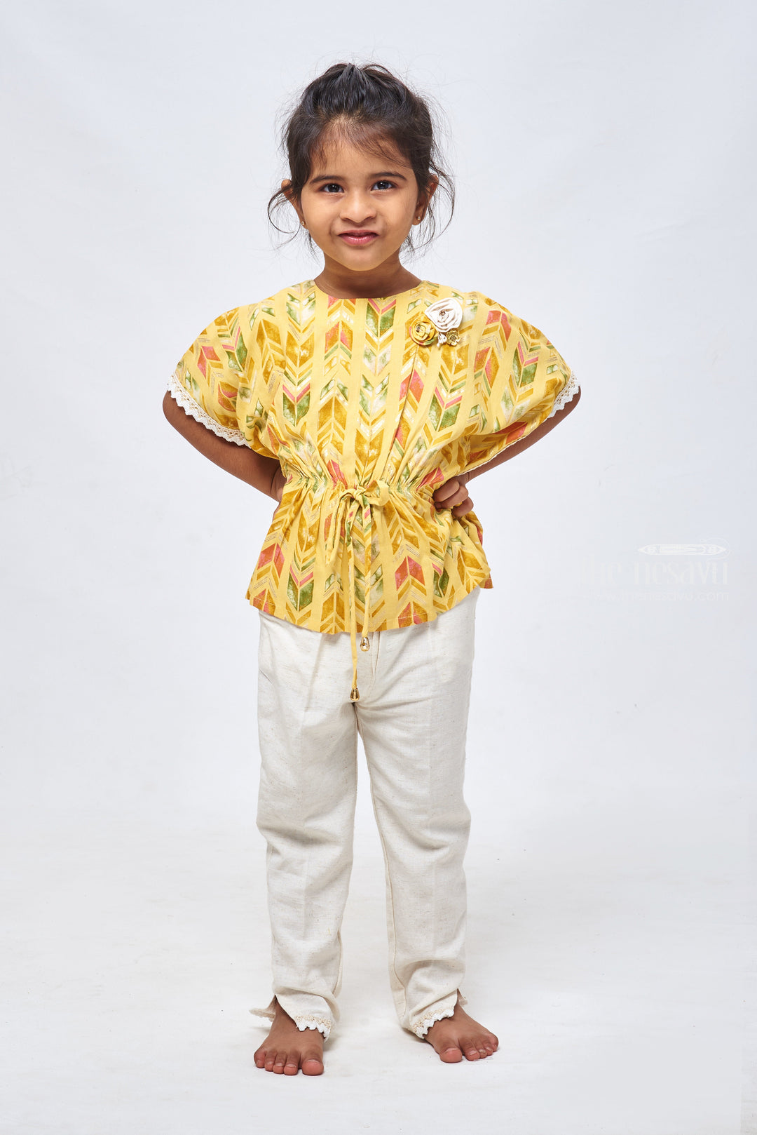 The Nesavu Girls Sharara / Plazo Set Geometrical & Foil Printed Yellow Kaftan Top & Half White Pant: Trendy Fusion for Girls Nesavu 18 (2Y) / Yellow / Cotton GPS176A-18 Geometric Printed Dreeses for Girls | Kaftan Top With Straight Pant | the Nesavu