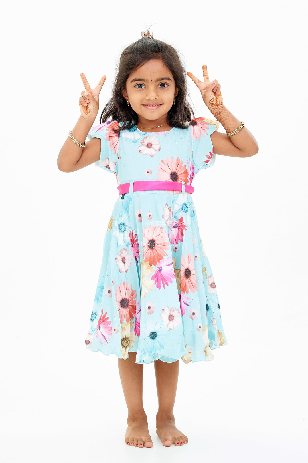 The Nesavu Girls Fancy Frock Georgette Floral Frocks for Girls with Ruffled Sleeves and Satin Waist Belt Nesavu 20 (3Y) / Green GFC1615B-20 Nesavu Georgette Floral Frocks Girls Ruffled Sleeves Satin Waist Belt