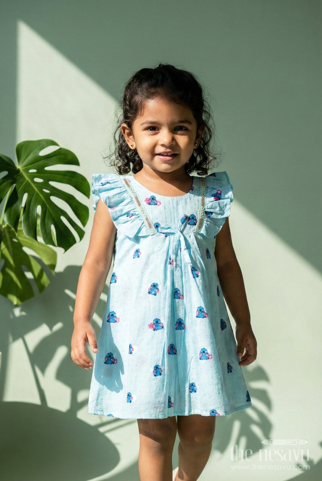 The Nesavu Girls Cotton Frock Georgette Frock for Baby Girls with Elephant Print and Bow Detail Nesavu 18 (2Y) / Blue GFC1944A-18 Nesavu baby girls blue georgette frock with elephant print and bow detail for birthdays and outings