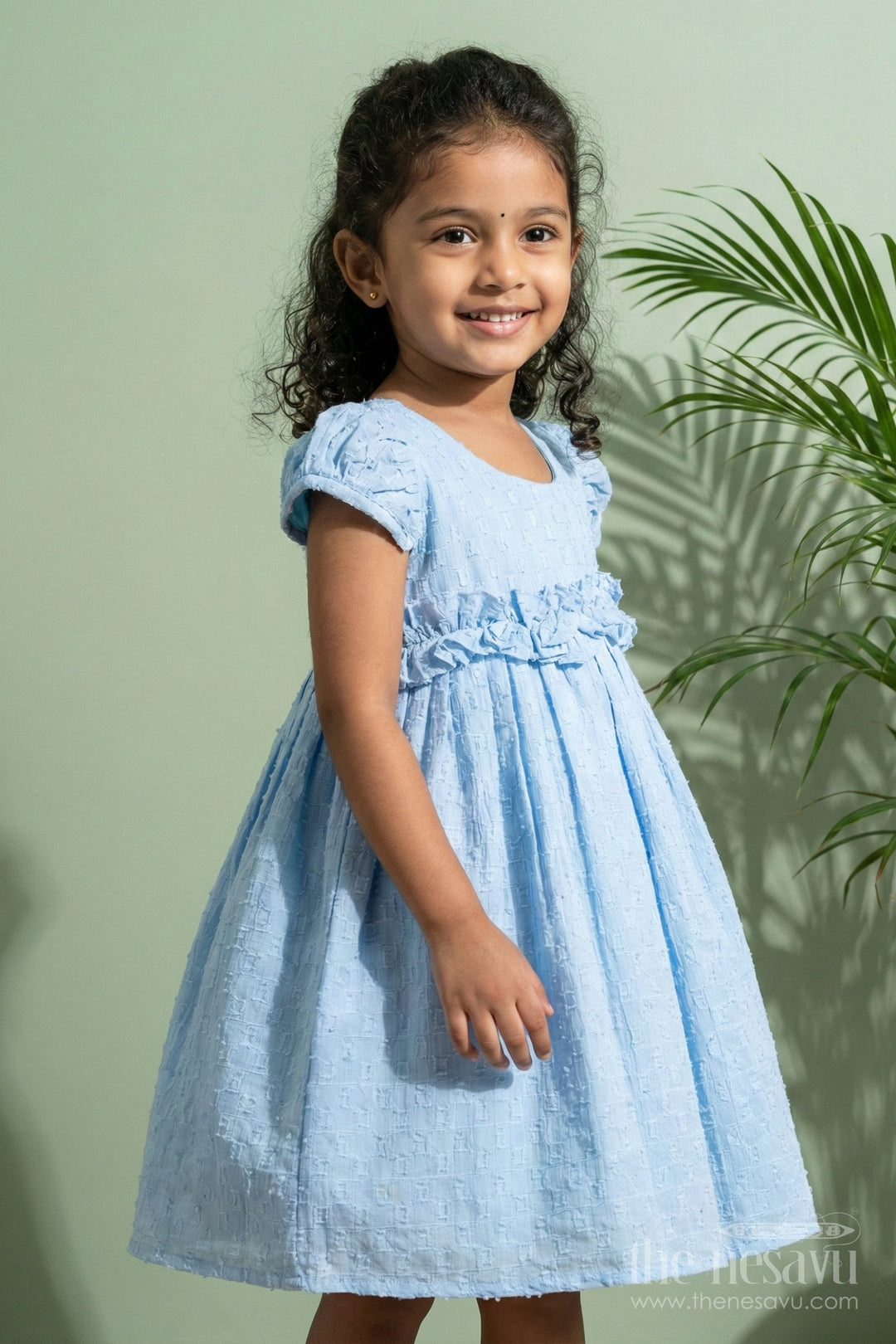 The Nesavu Girls Cotton Frock Georgette Frock for Toddler Girls with Ruffle Sleeves Nesavu Nesavu toddler girls blue georgette frock with ruffled straps and gathered flare for summer occasions