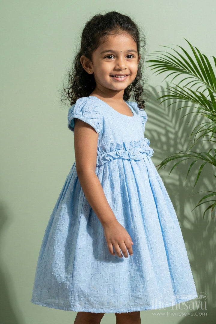 The Nesavu Girls Cotton Frock Georgette Frock for Toddler Girls with Ruffle Sleeves Nesavu Nesavu toddler girls blue georgette frock with ruffled straps and gathered flare for summer occasions