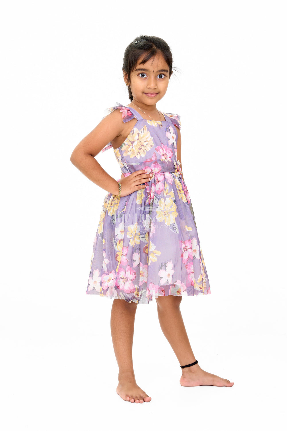 The Nesavu Girls Fancy Frock Georgette Girls Dress with Bold Yellow Floral Prints and Ruffled Shoulder Straps Nesavu Georgette Girls Dress Nesavu - Yellow Floral Prints Ruffled Straps