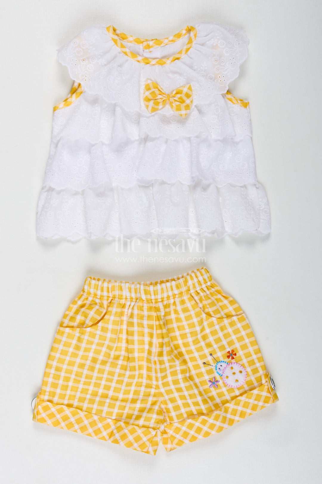 The Nesavu Baby Casual Sets Gingham Baby Set for Girls Cotton Daily Outfit Nesavu 14 (6M) / Yellow BFJ817B-14 Nesavu Comfortable Baby Girl Cotton Casual Set Embroidered Top Yellow Checked Shorts