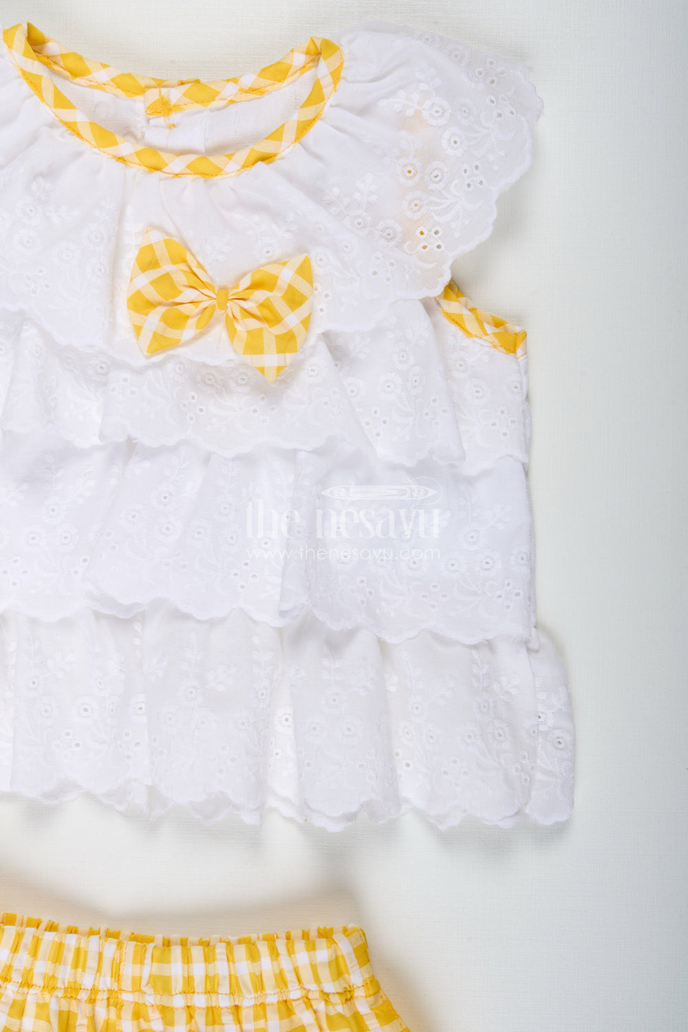 The Nesavu Baby Casual Sets Gingham Baby Set for Girls Cotton Daily Outfit Nesavu Nesavu Comfortable Baby Girl Cotton Casual Set Embroidered Top Yellow Checked Shorts