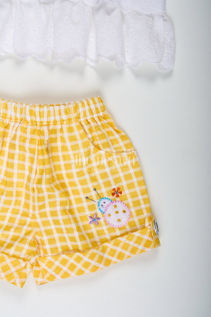 The Nesavu Baby Casual Sets Gingham Baby Set for Girls Cotton Daily Outfit Nesavu Nesavu Comfortable Baby Girl Cotton Casual Set Embroidered Top Yellow Checked Shorts
