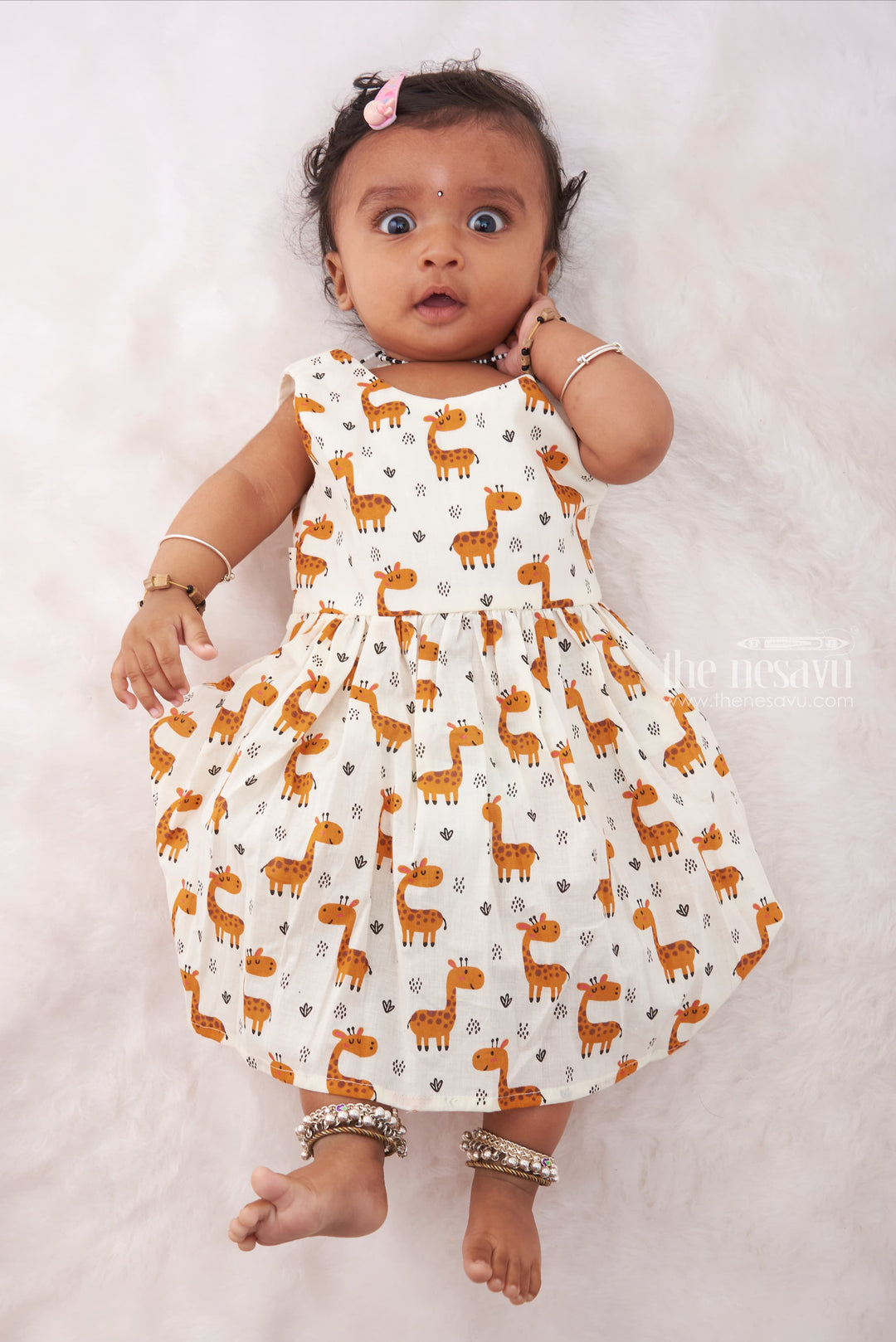 The Nesavu Baby Cotton Frocks Giraffe Giggles: Adorable Giraffe-Patterned Baby Cotton Frock Nesavu 12 (3M) / White / Cotton BFJ492A-12 Elegant Baby Formal Wear | Sophisticated Frocks for Special Occasions | The Nesavu