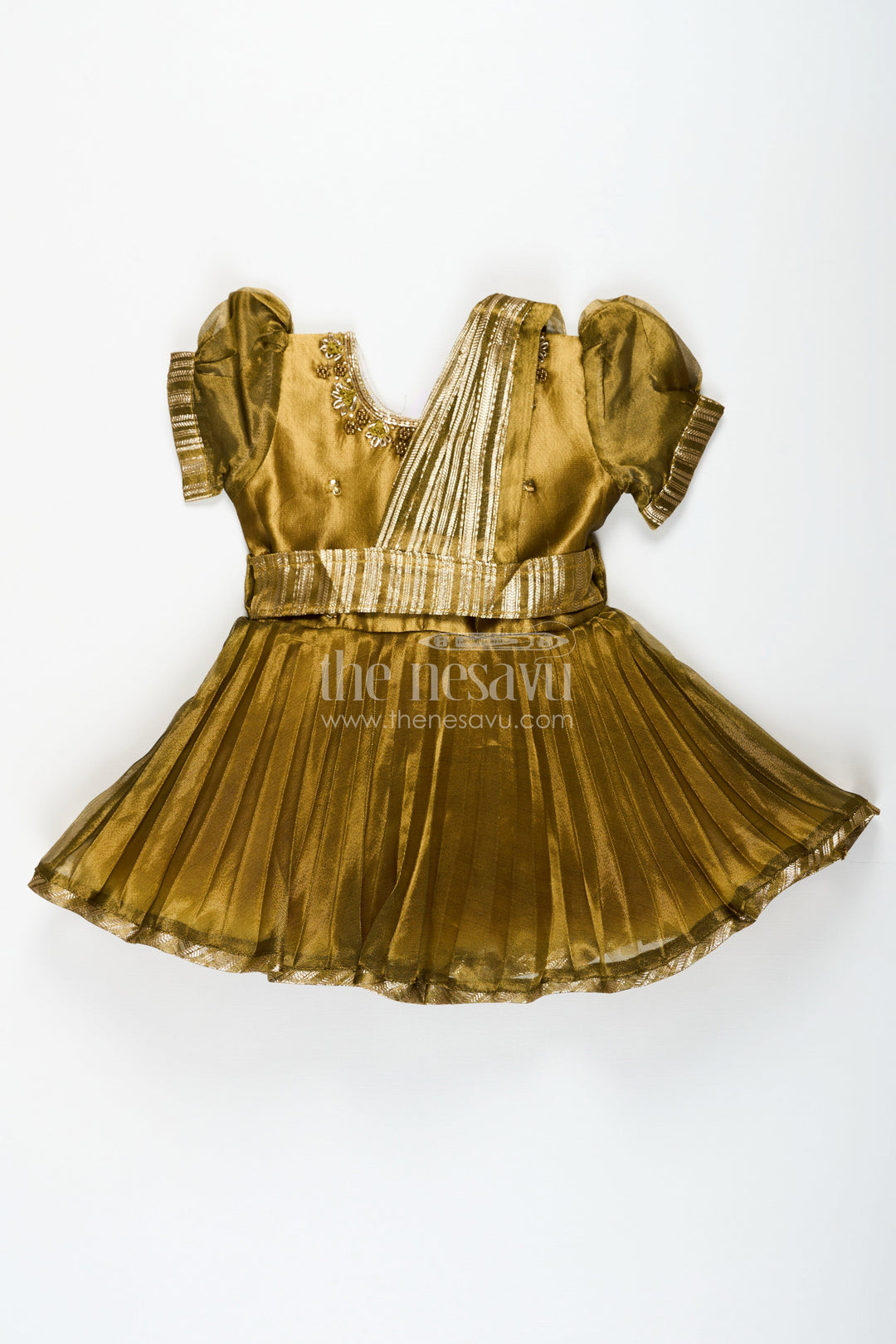 The Nesavu Silk Party Frock Girl Birthday Frock in Olive Tissue Blend Silk with Sequin Embellishments and Matching Dupatta Nesavu Nesavu Girl Birthday Frock in Olive Tissue Silk with Sequins and Matching Dupatta for Traditional Glam