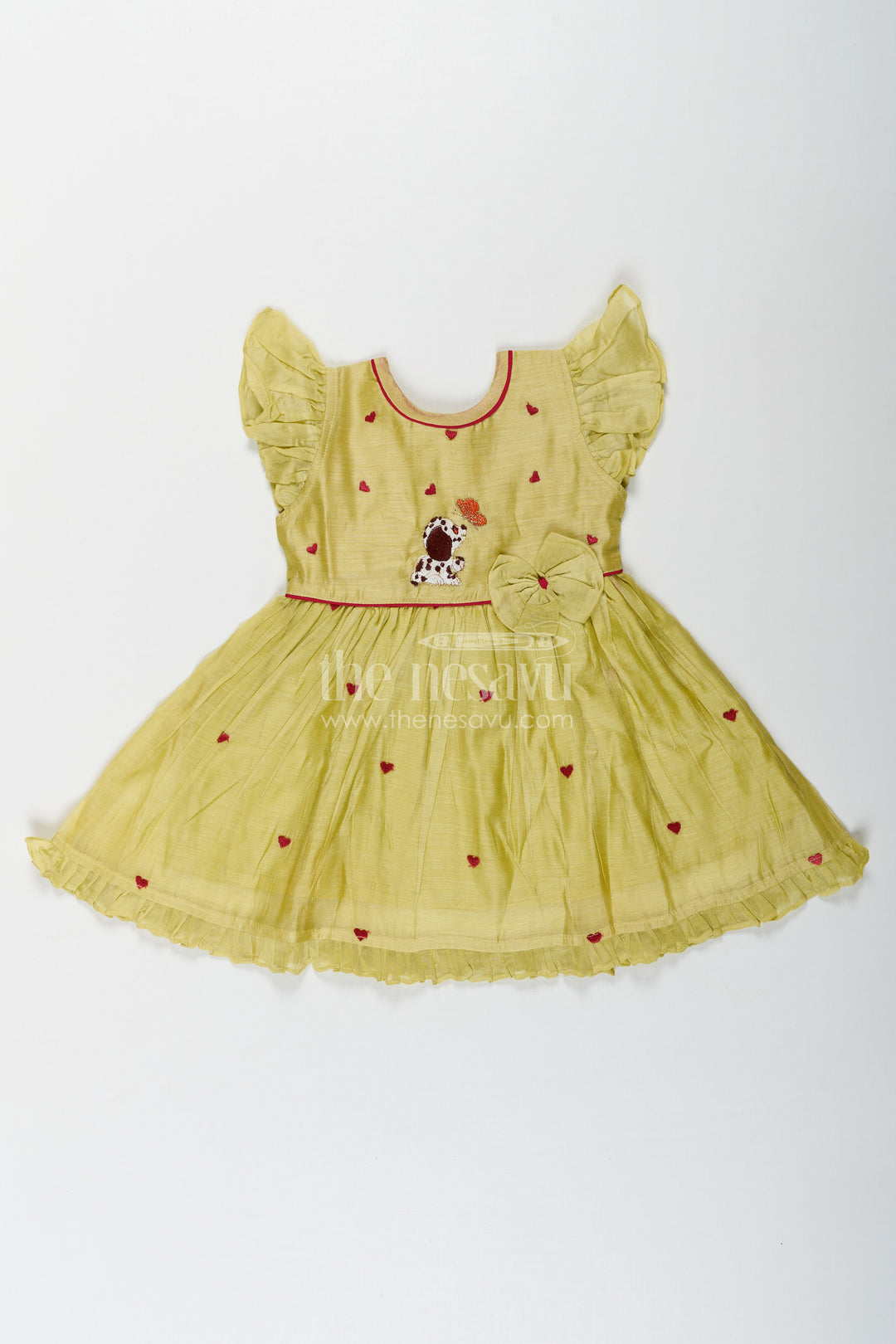 The Nesavu Girls Chanderi Frock Girls Acchi Acchi Frock in Chanderi with Animal Motif Embroidery and Ruffle Sleeves in Olive Green Nesavu 16 (1Y) / Green GFC1668A-16 Nesavu Girls Acchi Acchi Frock Chanderi Embroidered Animal Motif Heart Accents