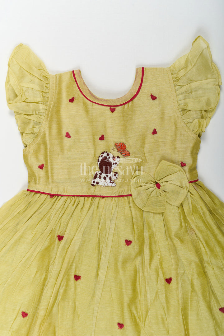 The Nesavu Girls Chanderi Frock Girls Acchi Acchi Frock in Chanderi with Animal Motif Embroidery and Ruffle Sleeves in Olive Green Nesavu Nesavu Girls Acchi Acchi Frock Chanderi Embroidered Animal Motif Heart Accents