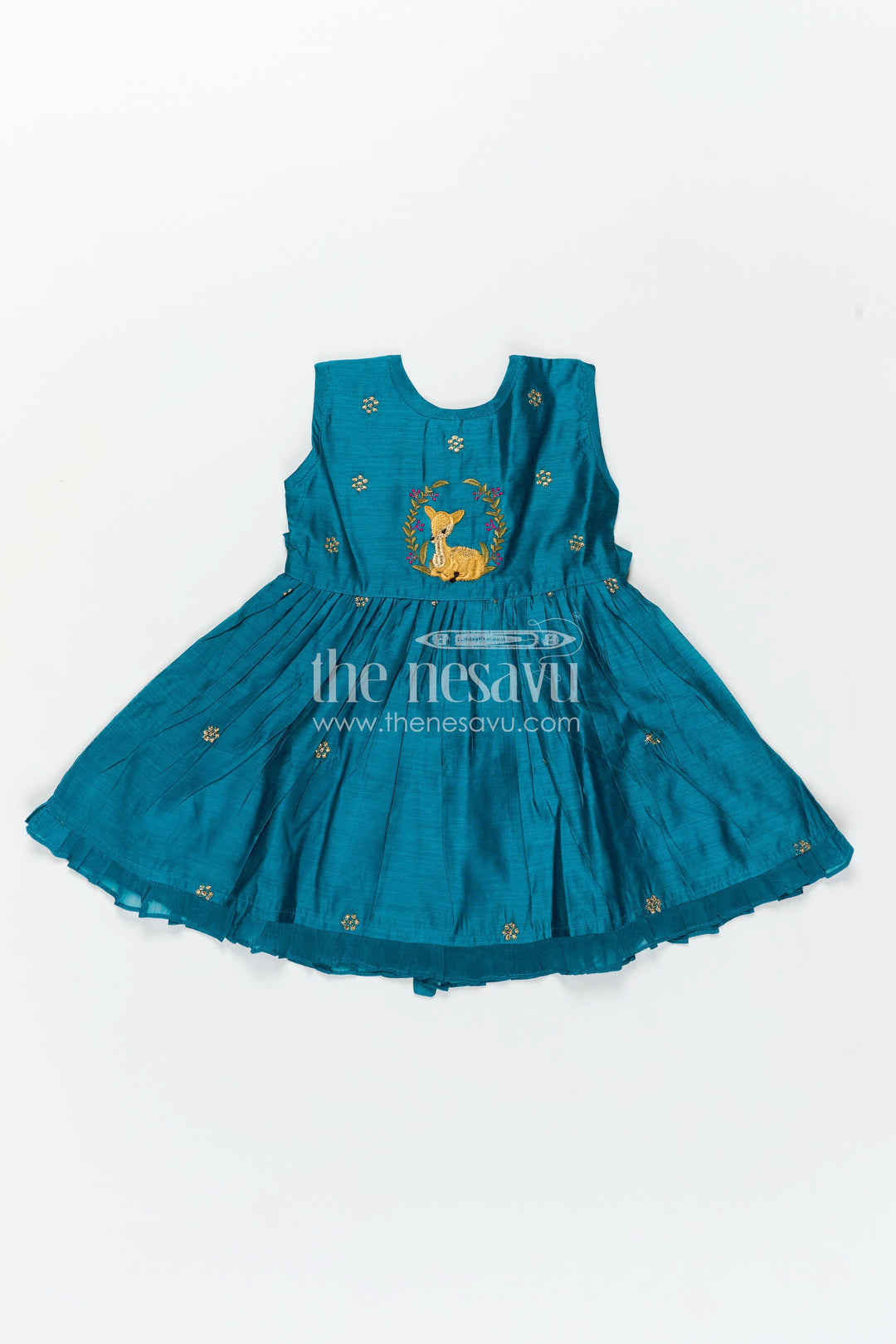 The Nesavu Girls Chanderi Frock Girls Achha Frock in Chanderi with Thread Embroidery Yoke and Playful Flared Skirt Nesavu 16 (1Y) / Blue GFC1316B-16 Nesavu Girls Achha Achha Frock Chanderi Embroidered Yoke Flared Skirt Design
