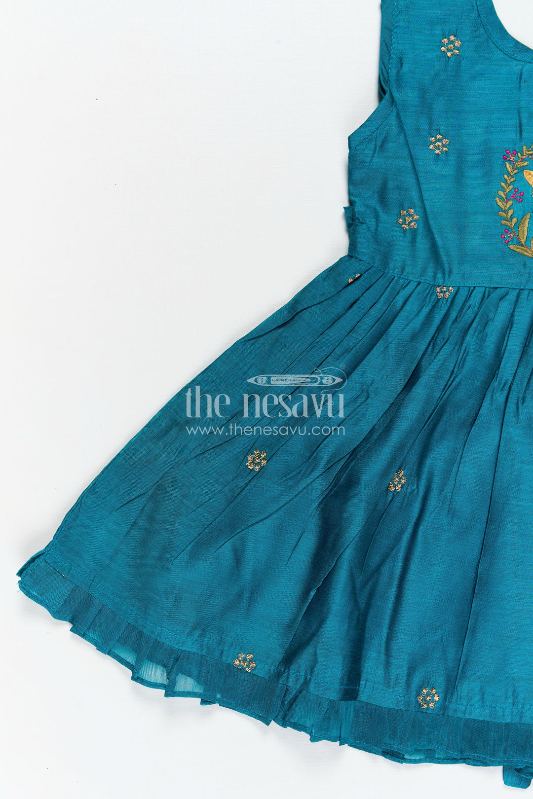 The Nesavu Girls Chanderi Frock Girls Achha Frock in Chanderi with Thread Embroidery Yoke and Playful Flared Skirt Nesavu Nesavu Girls Achha Achha Frock Chanderi Embroidered Yoke Flared Skirt Design