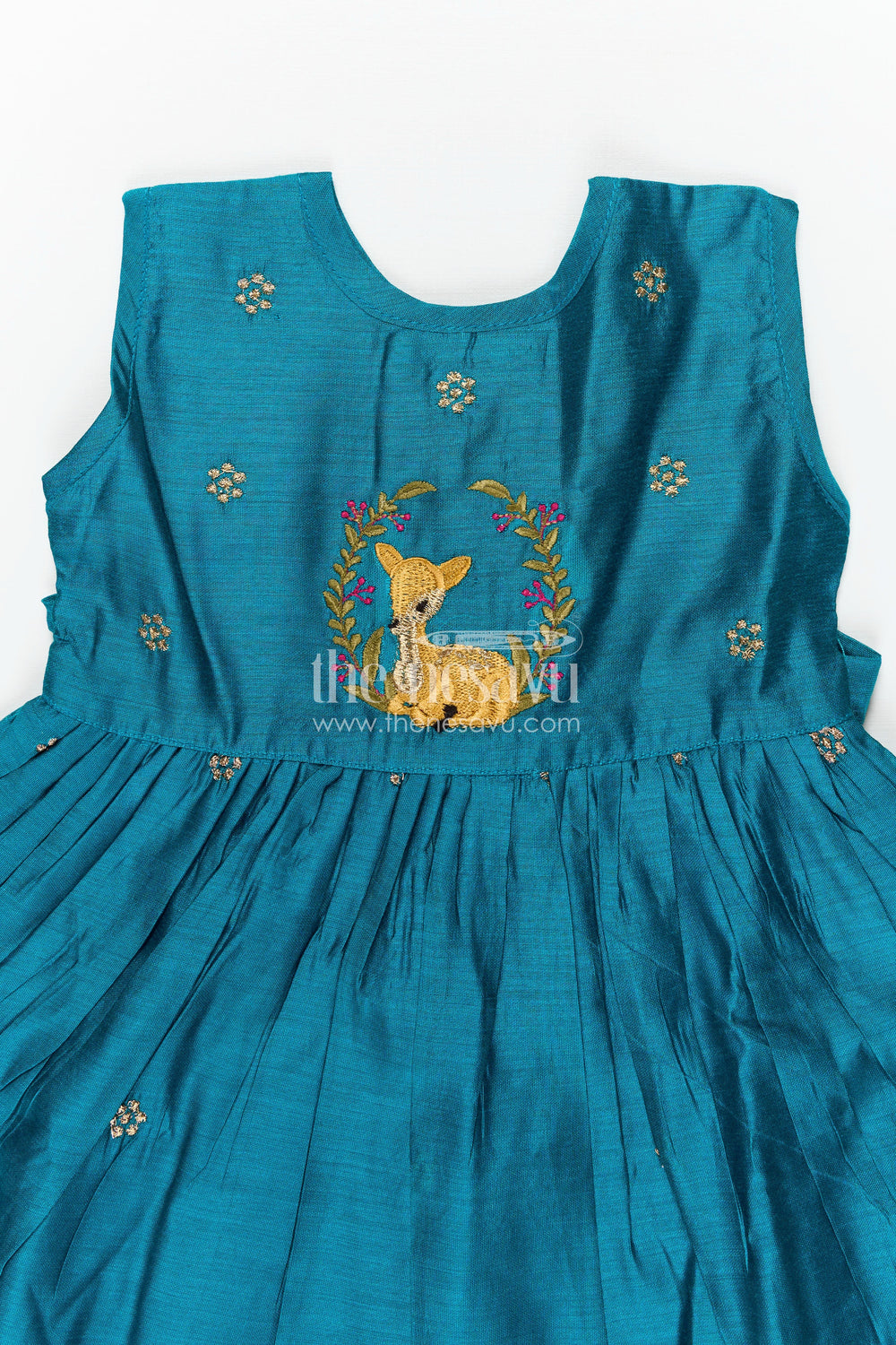 The Nesavu Girls Chanderi Frock Girls Achha Frock in Chanderi with Thread Embroidery Yoke and Playful Flared Skirt Nesavu Nesavu Girls Achha Achha Frock Chanderi Embroidered Yoke Flared Skirt Design