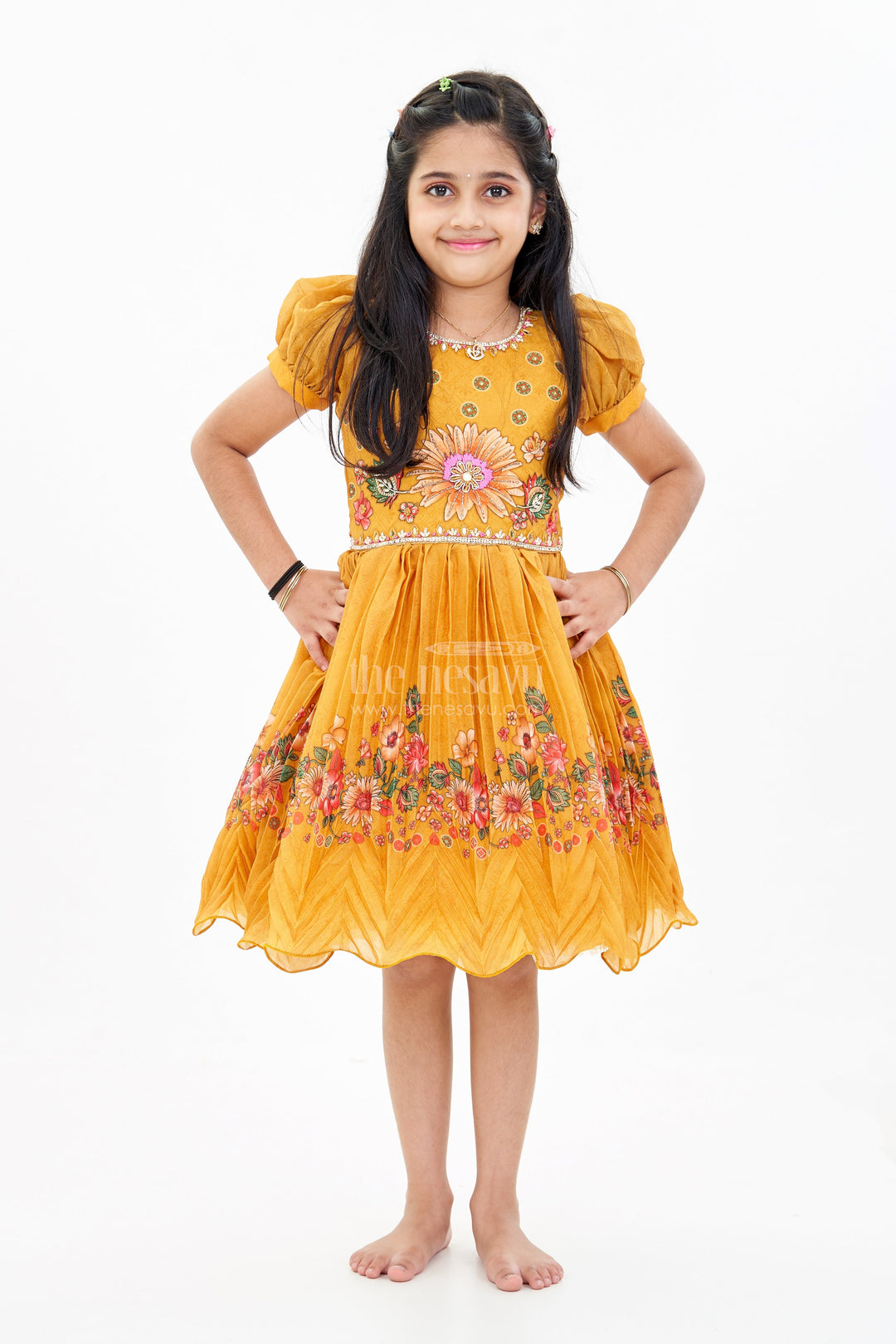 The Nesavu Silk Party Frock Girls Aesthetic Birthday Dress with Floral Embroidery and Pleated Flared Skirt for a Festive Look Nesavu 18 (2Y) / Yellow SF974A-18 Nesavu Girls Aesthetic Birthday Dress Floral Embroidery Pleated Flared Skirt