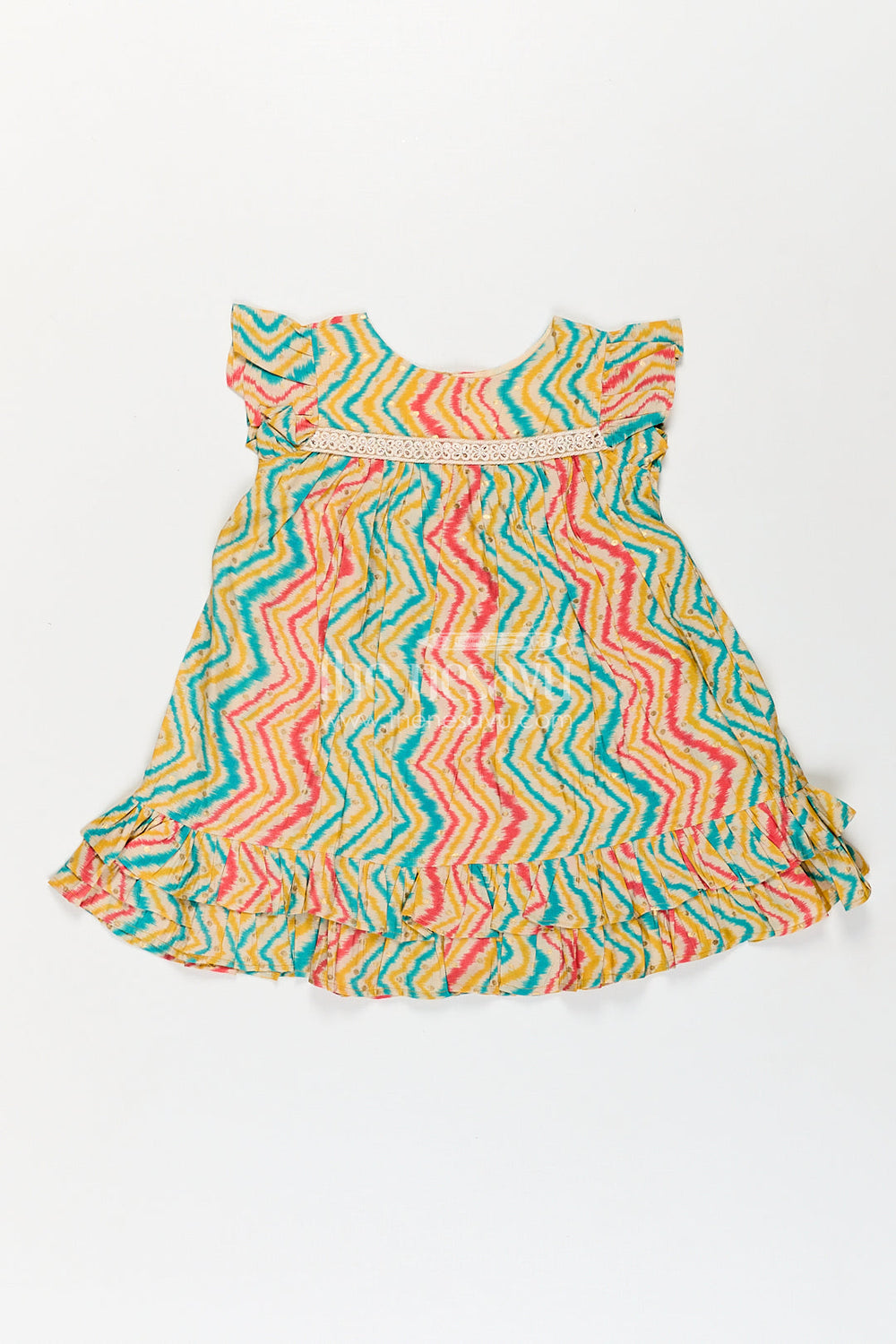 The Nesavu Girls Fancy Frock Girls Aesthetic Frock Design in Modal Silk with Multicolor Zigzag Print and Classic Ruffle Trims Nesavu 18 (2Y) / Yellow GFC1772A-18 Nesavu Girls Aesthetic Frock Design Modal Silk Zigzag Print Ruffle Sleeves