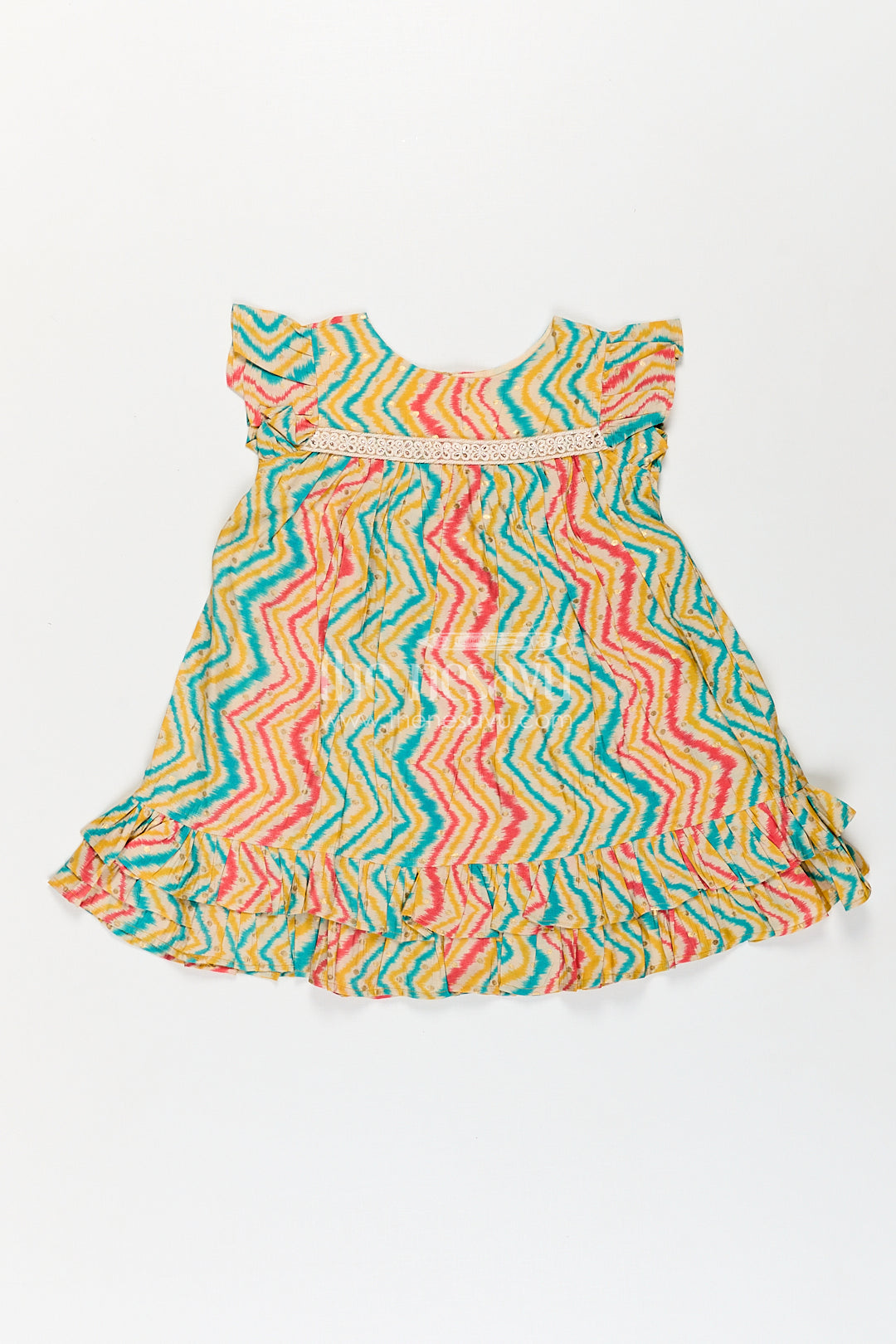 The Nesavu Girls Fancy Frock Girls Aesthetic Frock Design in Modal Silk with Multicolor Zigzag Print and Classic Ruffle Trims Nesavu 18 (2Y) / Yellow GFC1772A-18 Nesavu Girls Aesthetic Frock Design Modal Silk Zigzag Print Ruffle Sleeves