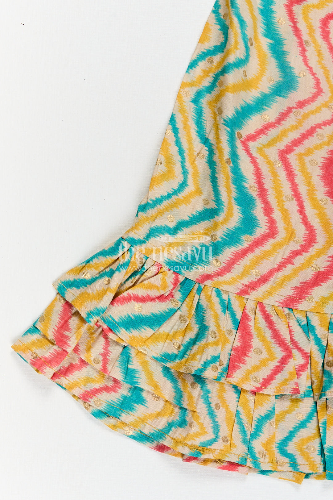 The Nesavu Girls Fancy Frock Girls Aesthetic Frock Design in Modal Silk with Multicolor Zigzag Print and Classic Ruffle Trims Nesavu Nesavu Girls Aesthetic Frock Design Modal Silk Zigzag Print Ruffle Sleeves