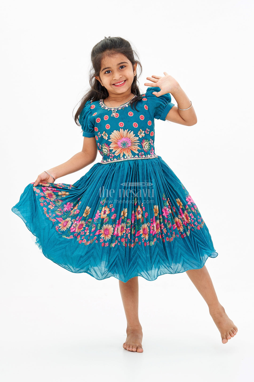 The Nesavu Silk Party Frock Girls Aesthetic Traditional Dress with Floral Embroidery and Elegant Puff Sleeves for Festive Wear Nesavu 18 (2Y) / Blue SF974B-18 Nesavu Girls Aesthetic Traditional Dress Floral Embroidery Elegant Puff Sleeves