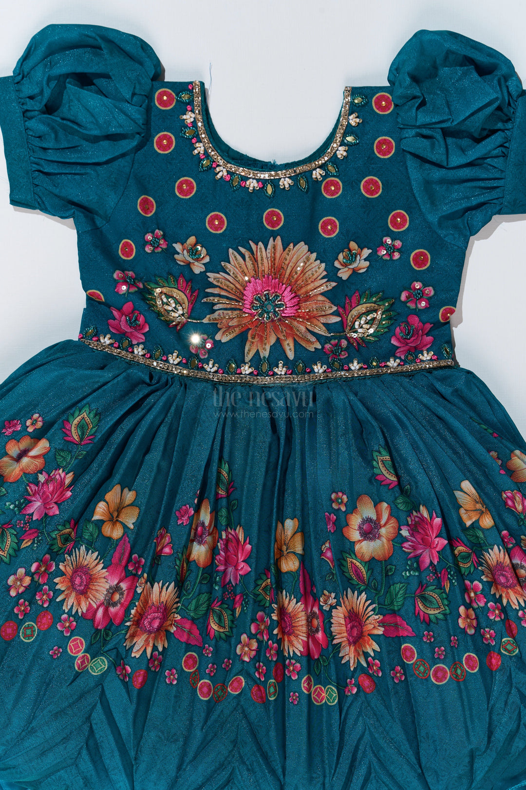 The Nesavu Silk Party Frock Girls Aesthetic Traditional Dress with Floral Embroidery and Elegant Puff Sleeves for Festive Wear Nesavu Nesavu Girls Aesthetic Traditional Dress Floral Embroidery Elegant Puff Sleeves