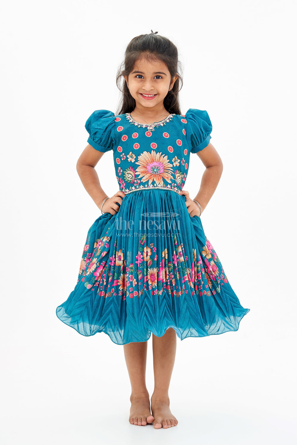 The Nesavu Silk Party Frock Girls Aesthetic Traditional Dress with Floral Embroidery and Elegant Puff Sleeves for Festive Wear Nesavu Nesavu Girls Aesthetic Traditional Dress Floral Embroidery Elegant Puff Sleeves