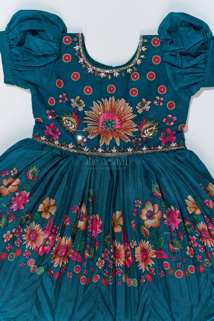 The Nesavu Silk Party Frock Girls Aesthetic Traditional Dress with Floral Embroidery and Elegant Puff Sleeves for Festive Wear Nesavu Nesavu Girls Aesthetic Traditional Dress Floral Embroidery Elegant Puff Sleeves