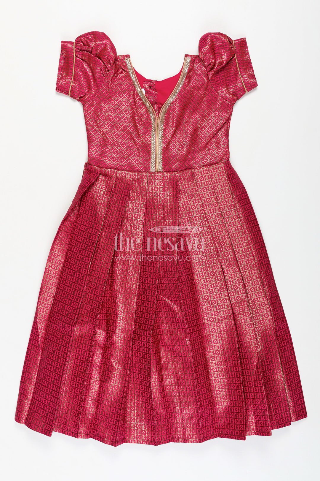 The Nesavu Girls Silk Gown Girls Anarkali Dress for Wedding in Semi Banaras Silk with Rich Maroon Zari Brocade and Grand Pleated Flare Nesavu 20 (3Y) / Pink GA330C-20 Nesavu Girls Anarkali Dress Wedding Maroon Semi Banaras Silk Zari Brocade Pleated Skirt