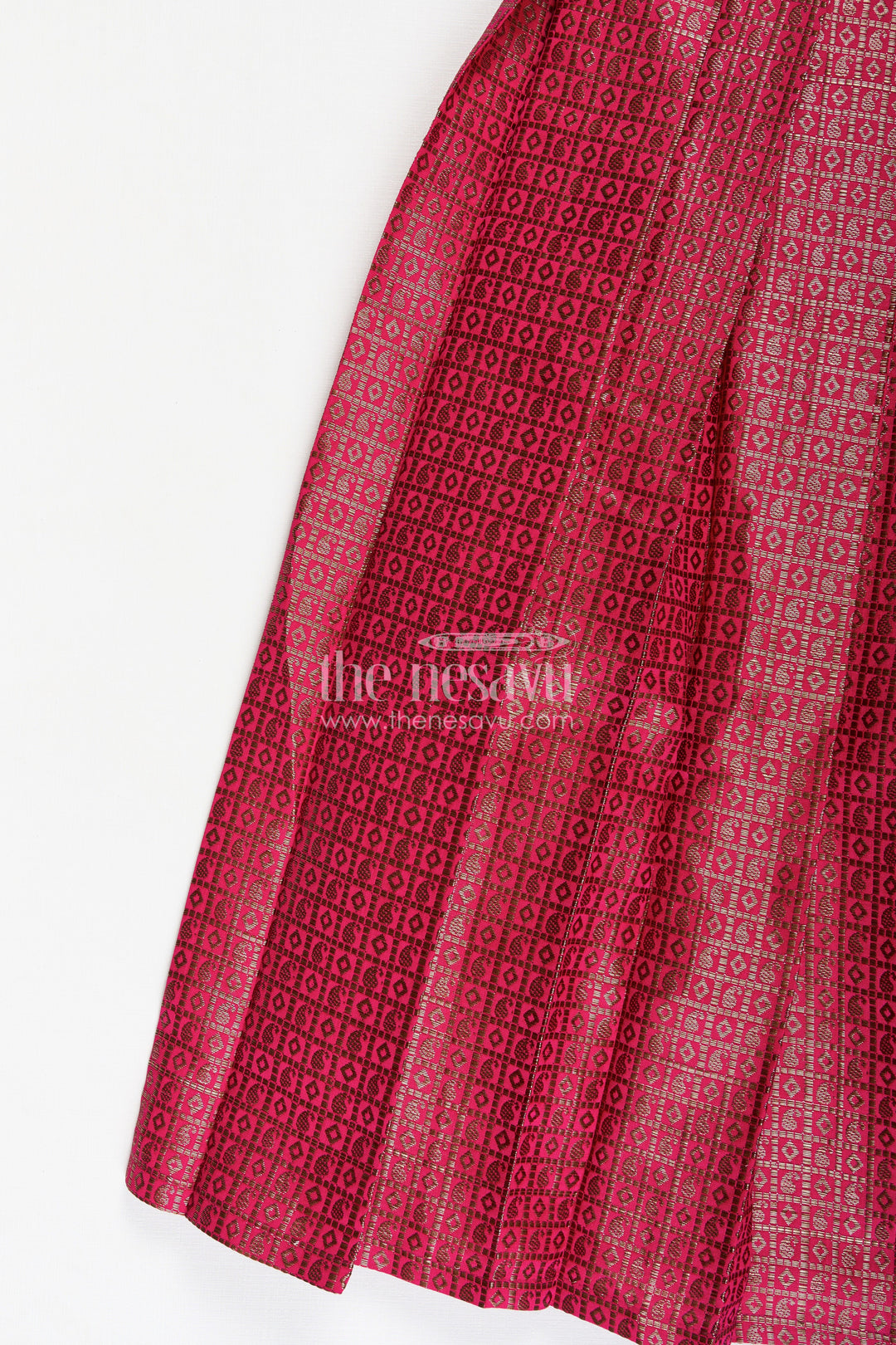 The Nesavu Girls Silk Gown Girls Anarkali Dress for Wedding in Semi Banaras Silk with Rich Maroon Zari Brocade and Grand Pleated Flare Nesavu Nesavu Girls Anarkali Dress Wedding Maroon Semi Banaras Silk Zari Brocade Pleated Skirt