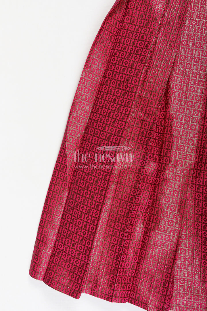 The Nesavu Girls Silk Gown Girls Anarkali Dress for Wedding in Semi Banaras Silk with Rich Maroon Zari Brocade and Grand Pleated Flare Nesavu Nesavu Girls Anarkali Dress Wedding Maroon Semi Banaras Silk Zari Brocade Pleated Skirt