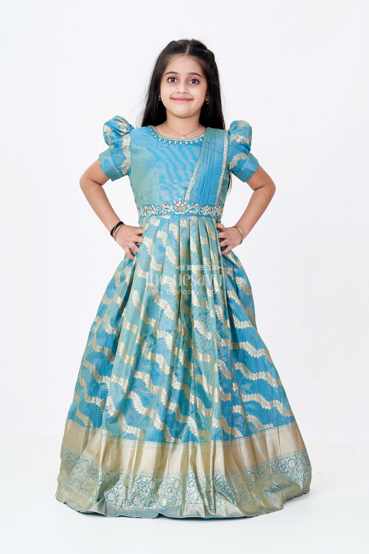 The Nesavu Girls Silk Gown Girls Anarkali Dress Green in Banarasi Silk Blend with Zari Jacquard Weave and Broad Golden Border Nesavu 24 (5Y) / Green GA308A-24 Nesavu Girls Green Anarkali Dress Banarasi Silk Blend Zari Weaving Big Gold Border