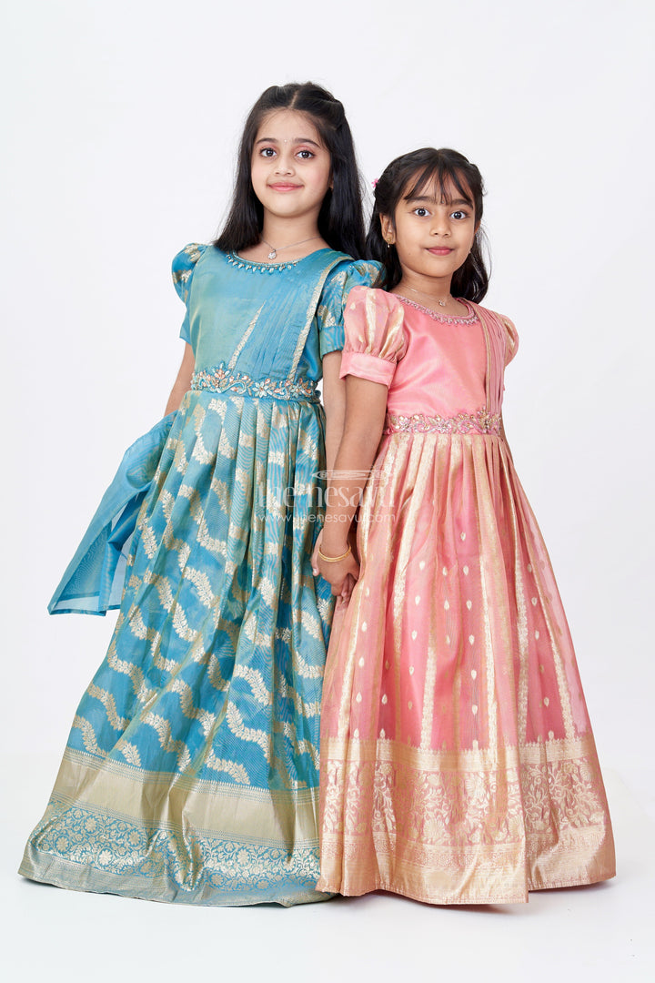 The Nesavu Girls Silk Gown Girls Anarkali Dress Green in Banarasi Silk Blend with Zari Jacquard Weave and Broad Golden Border Nesavu Nesavu Girls Green Anarkali Dress Banarasi Silk Blend Zari Weaving Big Gold Border