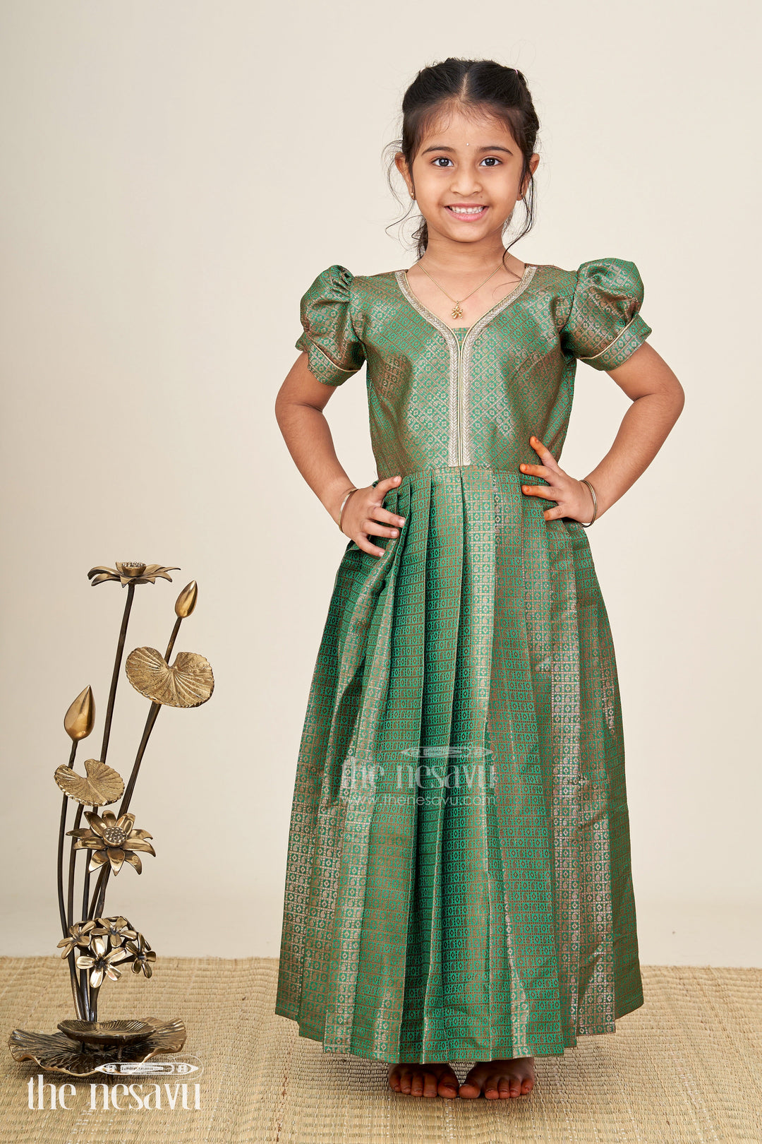 The Nesavu Girls Silk Gown Girls Anarkali Gown Designs in Semi Banaras Silk with Rich Green Zari Weave and Flared Pleated Skirt Nesavu 20 (3Y) / Green GA330A-20 Nesavu Girls Anarkali Gown Designs Green Semi Banaras Silk Flared Zari Pleated Skirt