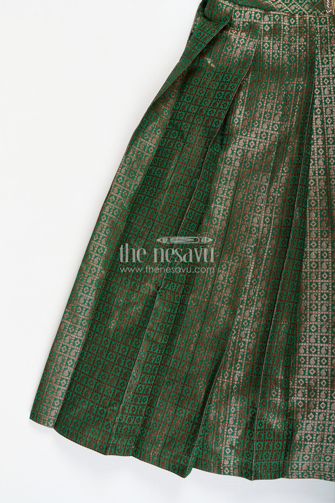 The Nesavu Girls Silk Gown Girls Anarkali Gown Designs in Semi Banaras Silk with Rich Green Zari Weave and Flared Pleated Skirt Nesavu Nesavu Girls Anarkali Gown Designs Green Semi Banaras Silk Flared Zari Pleated Skirt