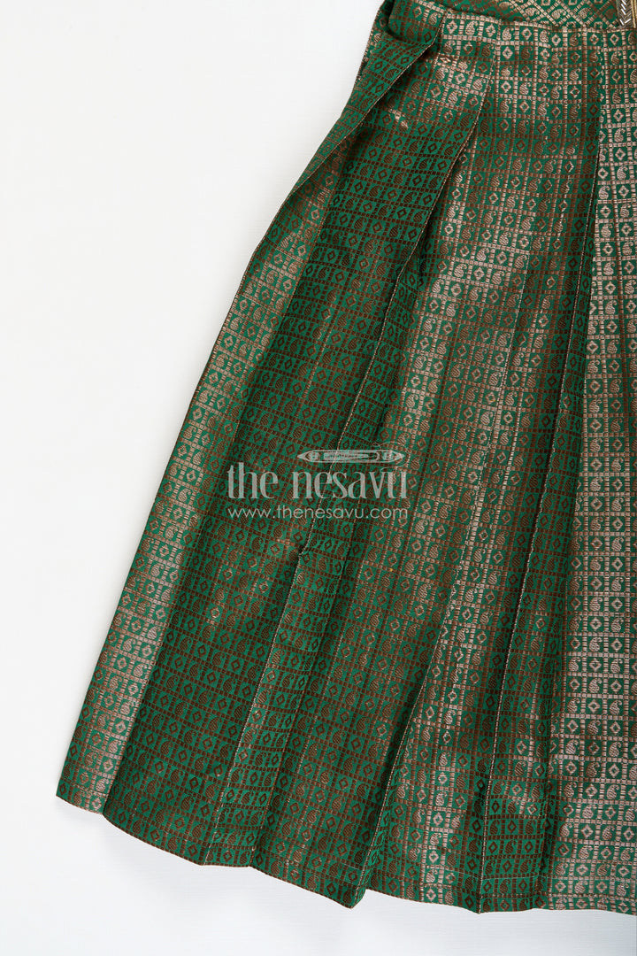 The Nesavu Girls Silk Gown Girls Anarkali Gown Designs in Semi Banaras Silk with Rich Green Zari Weave and Flared Pleated Skirt Nesavu Nesavu Girls Anarkali Gown Designs Green Semi Banaras Silk Flared Zari Pleated Skirt