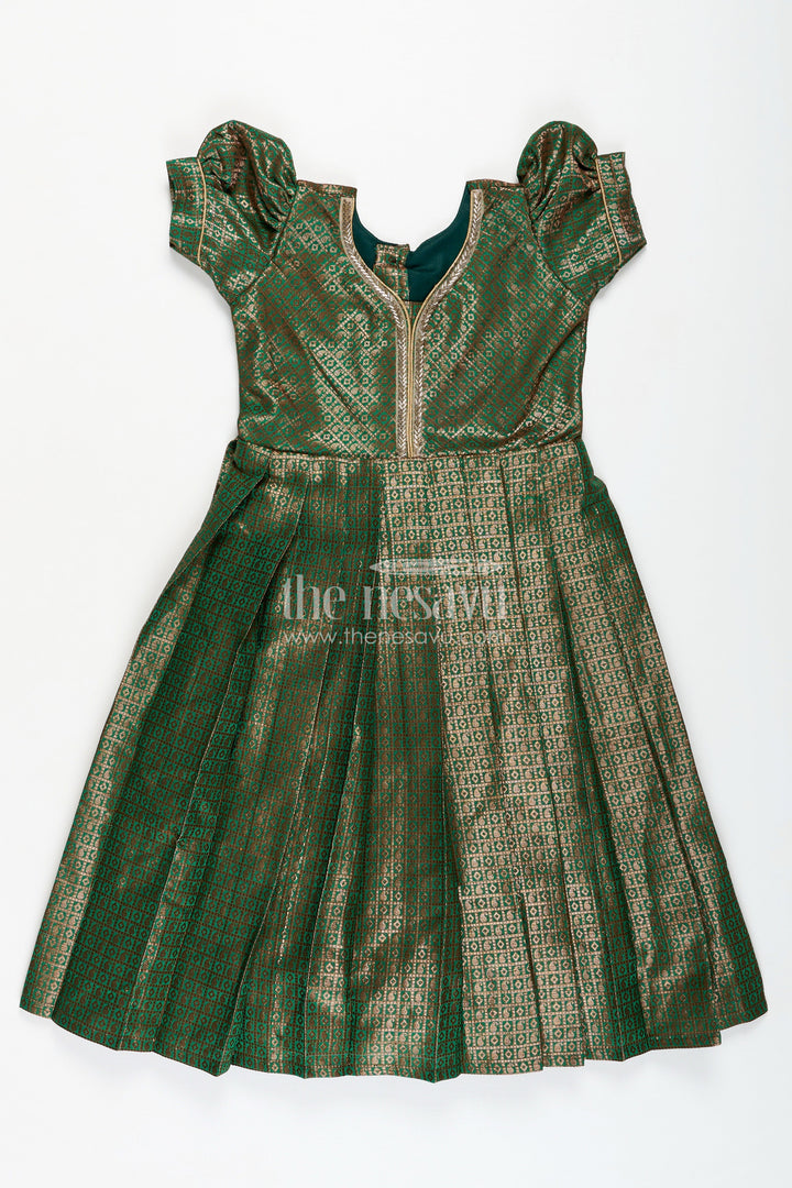 The Nesavu Girls Silk Gown Girls Anarkali Gown Designs in Semi Banaras Silk with Rich Green Zari Weave and Flared Pleated Skirt Nesavu Nesavu Girls Anarkali Gown Designs Green Semi Banaras Silk Flared Zari Pleated Skirt