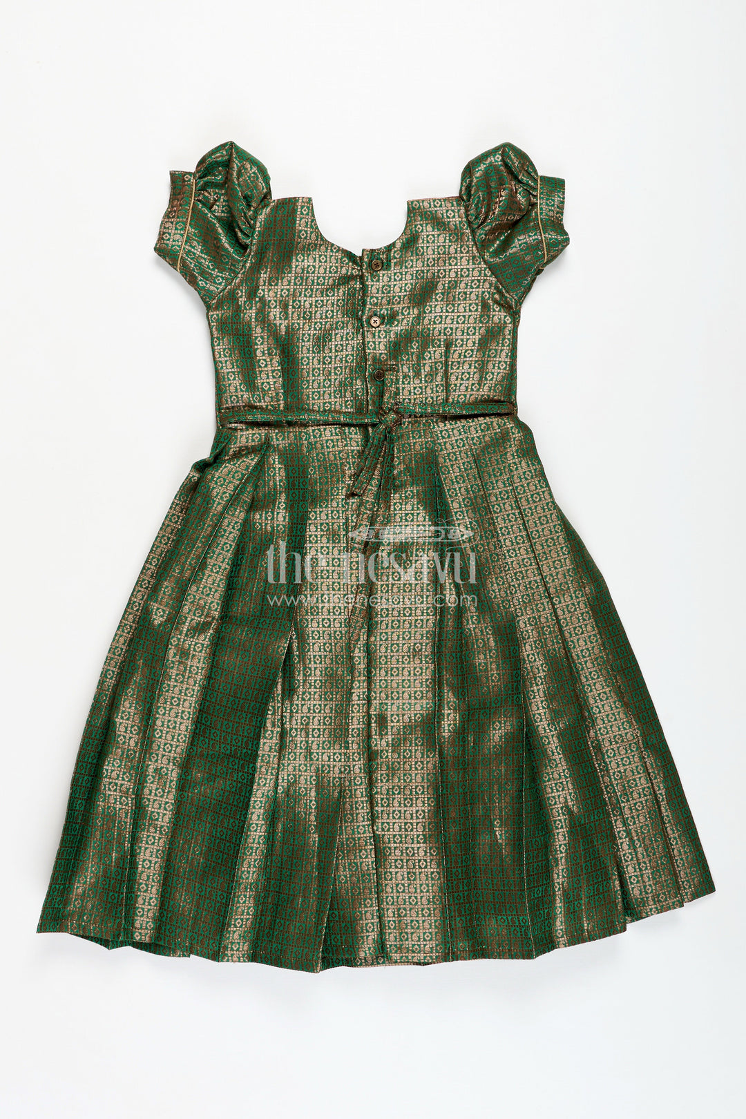 The Nesavu Girls Silk Gown Girls Anarkali Gown Designs in Semi Banaras Silk with Rich Green Zari Weave and Flared Pleated Skirt Nesavu Nesavu Girls Anarkali Gown Designs Green Semi Banaras Silk Flared Zari Pleated Skirt