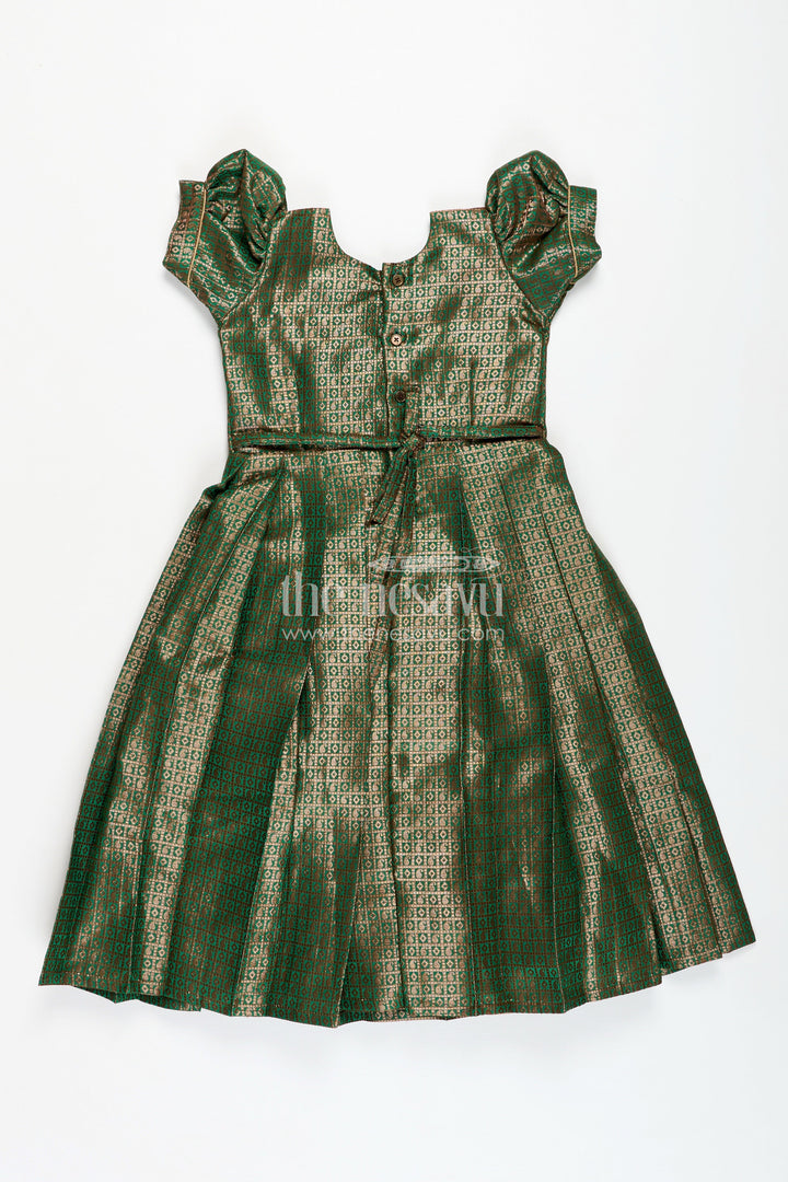 The Nesavu Girls Silk Gown Girls Anarkali Gown Designs in Semi Banaras Silk with Rich Green Zari Weave and Flared Pleated Skirt Nesavu Nesavu Girls Anarkali Gown Designs Green Semi Banaras Silk Flared Zari Pleated Skirt