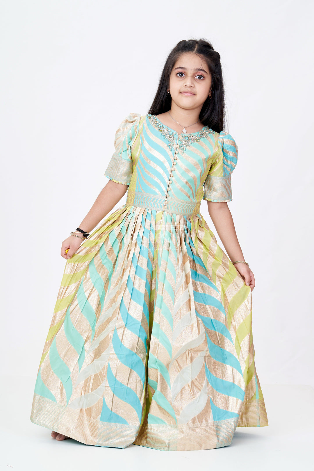 The Nesavu Girls Silk Gown Girls Anarkali Gown Silk in Banarasi Silk Blend with Jacquard Zari Weave and Bold Chevron Pattern Design Nesavu 18 (2Y) / Blue GA309A-18 Girls Anarkali Gown Silk Banarasi Jacquard Zari Chevron Design Embellished Neckline | The Nesavu