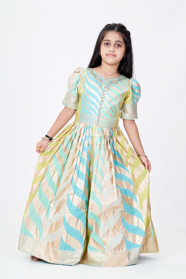 The Nesavu Girls Silk Gown Girls Anarkali Gown Silk in Banarasi Silk Blend with Jacquard Zari Weave and Bold Chevron Pattern Design Nesavu 18 (2Y) / Blue GA309A-18 Girls Anarkali Gown Silk Banarasi Jacquard Zari Chevron Design Embellished Neckline | The Nesavu