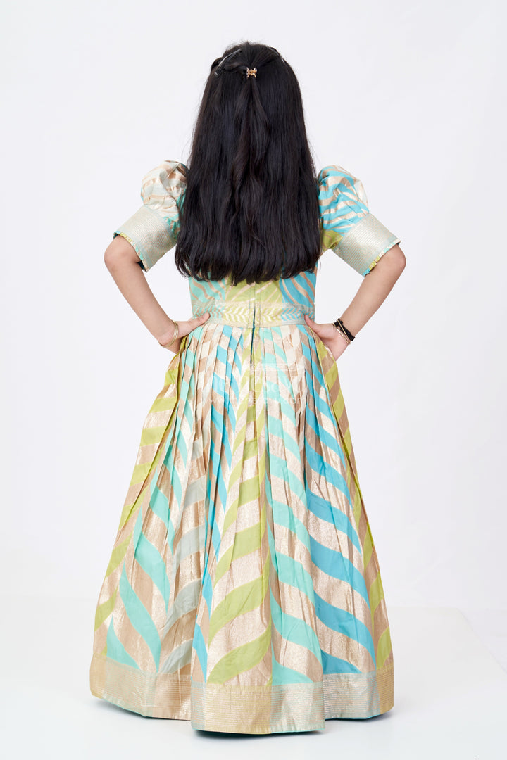The Nesavu Girls Silk Gown Girls Anarkali Gown Silk in Banarasi Silk Blend with Jacquard Zari Weave and Bold Chevron Pattern Design Nesavu Girls Anarkali Gown Silk Banarasi Jacquard Zari Chevron Design Embellished Neckline | The Nesavu