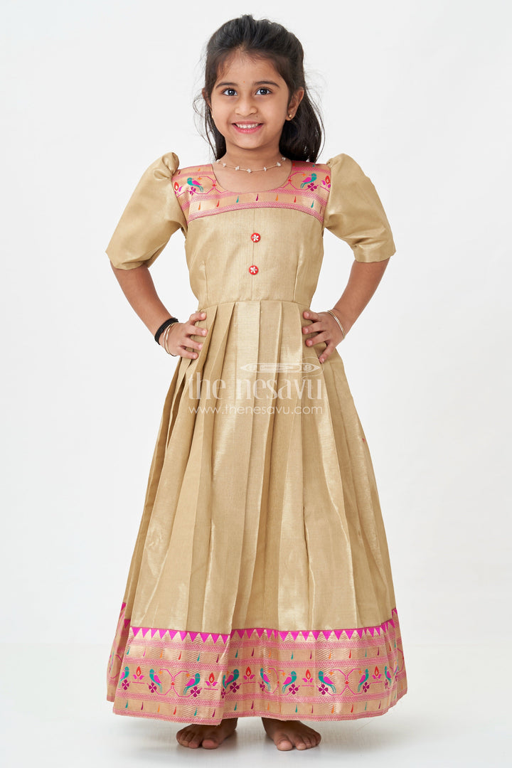 The Nesavu Girls Silk Gown Girls Anarkali Style Gown in Brown Tissue with Paithani Border and Structured Pleats Nesavu Girls Anarkali Style Gown Brown Tissue Silk Paithani Border Puff Sleeves | The Nesavu