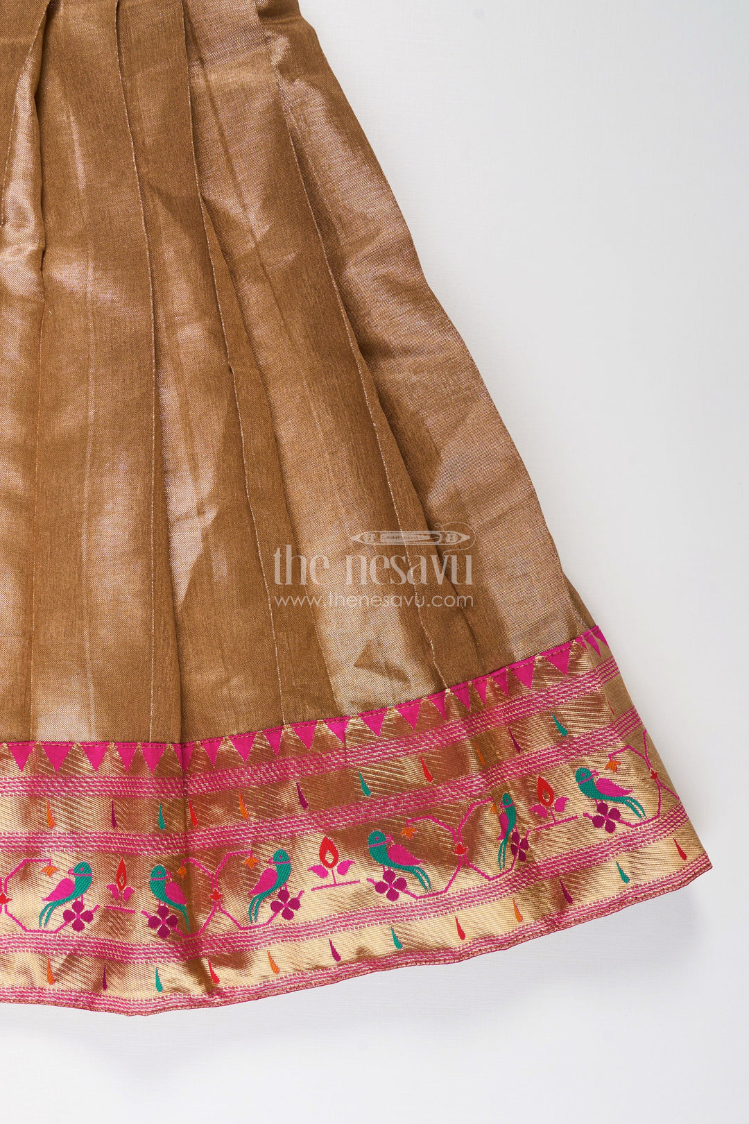 The Nesavu Girls Silk Gown Girls Anarkali Style Gown in Brown Tissue with Paithani Border and Structured Pleats Nesavu Girls Anarkali Style Gown Brown Tissue Silk Paithani Border Puff Sleeves | The Nesavu