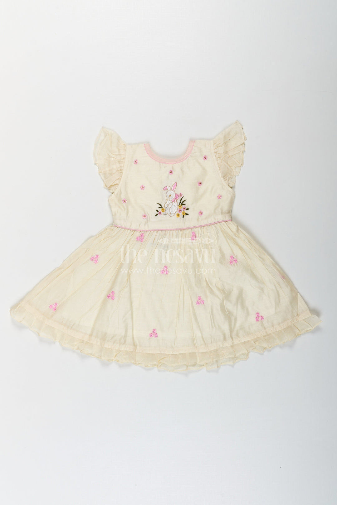 The Nesavu Girls Chanderi Frock Girls Animal Print Ruffle Dress in Chanderi with Thread Embroidery and Pink Floral Accents Nesavu 16 (1Y) / Cream GFC1669A-16 Nesavu Girls Animal Print Ruffle Dress Chanderi Bunny Motif Floral Embroidery