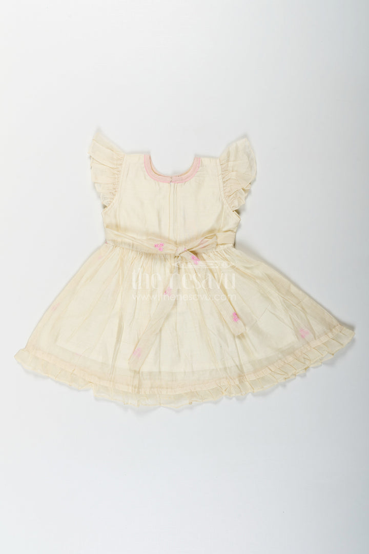 The Nesavu Girls Chanderi Frock Girls Animal Print Ruffle Dress in Chanderi with Thread Embroidery and Pink Floral Accents Nesavu Nesavu Girls Animal Print Ruffle Dress Chanderi Bunny Motif Floral Embroidery