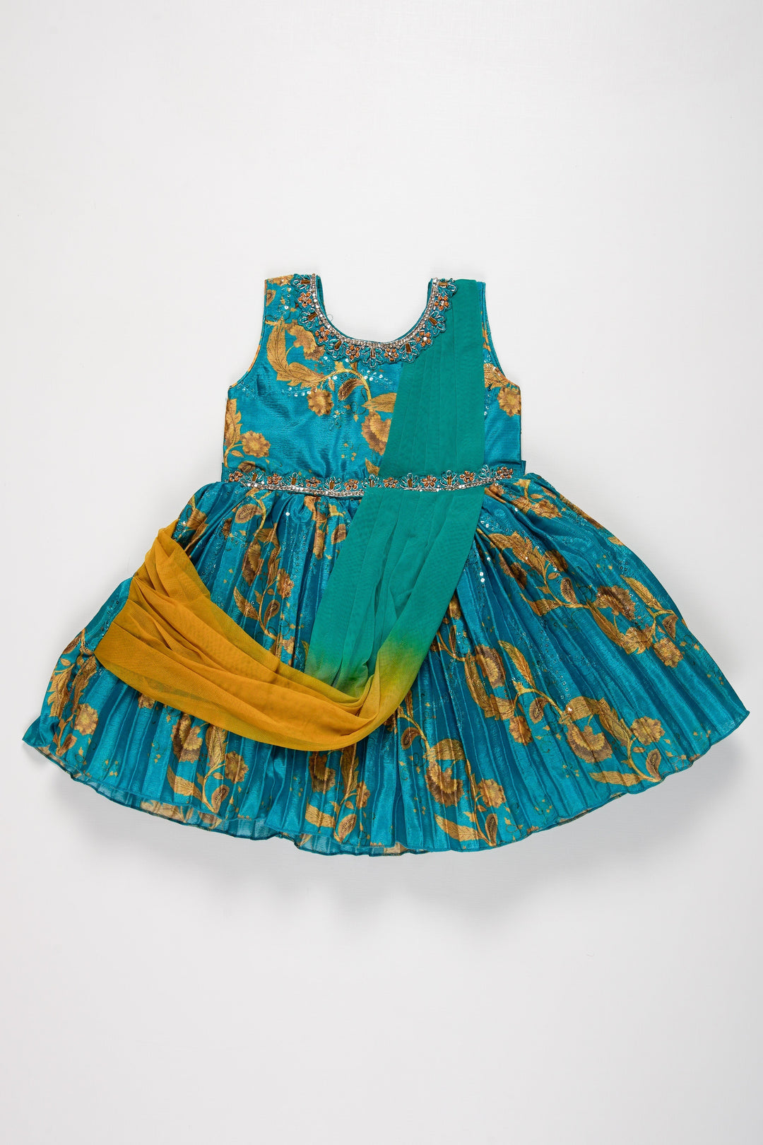 The Nesavu Silk Party Frock Girls Aqua Blue Silk Frock with Golden Floral Embellishments Nesavu 18 (2Y) / Blue / Chinnon SF766B-18 Elegant Aqua Blue Silk Frock for Girls | Festive Wear with Floral Design | The Nesavu