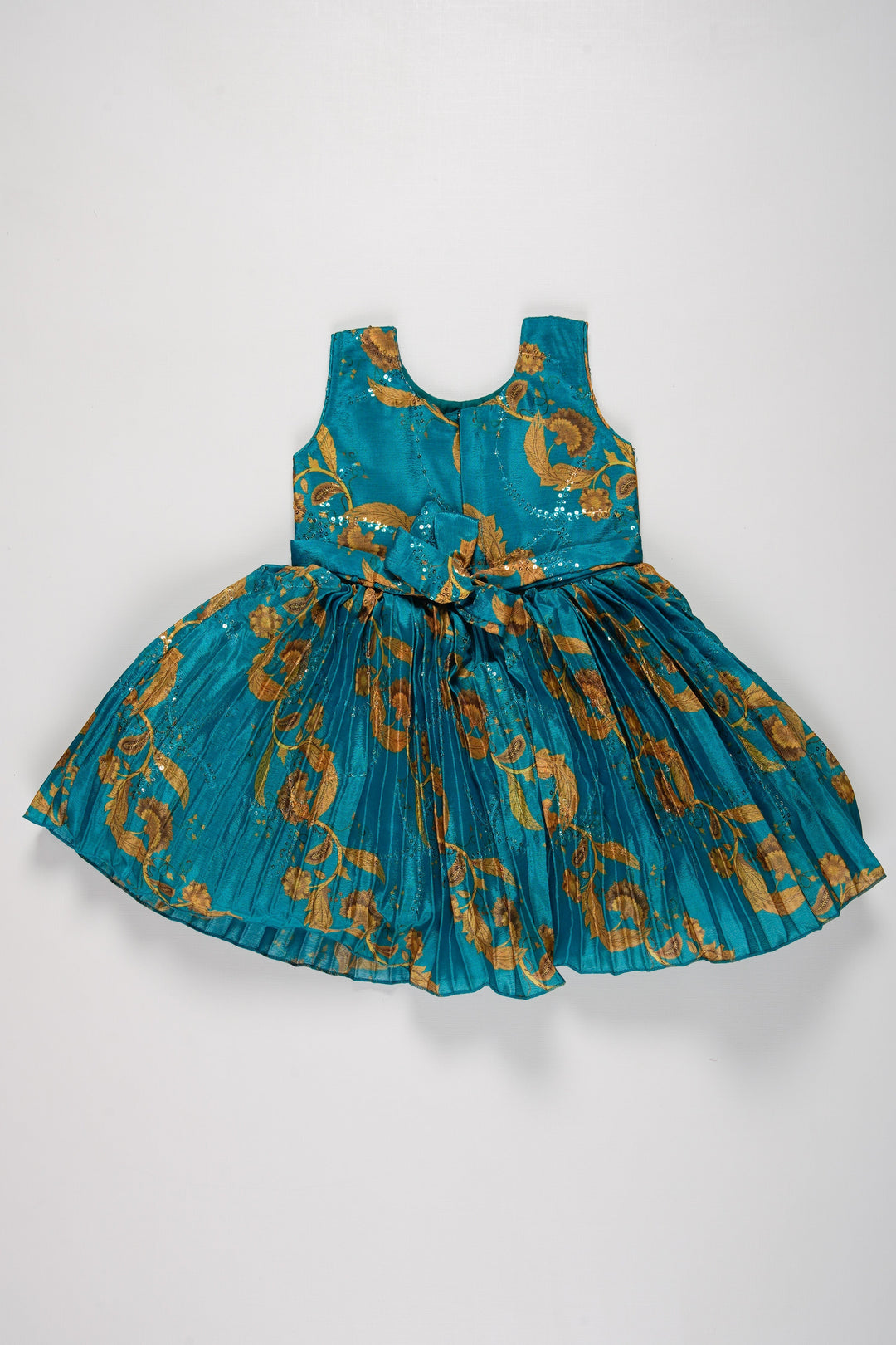 The Nesavu Silk Party Frock Girls Aqua Blue Silk Frock with Golden Floral Embellishments Nesavu Elegant Aqua Blue Silk Frock for Girls | Festive Wear with Floral Design | The Nesavu