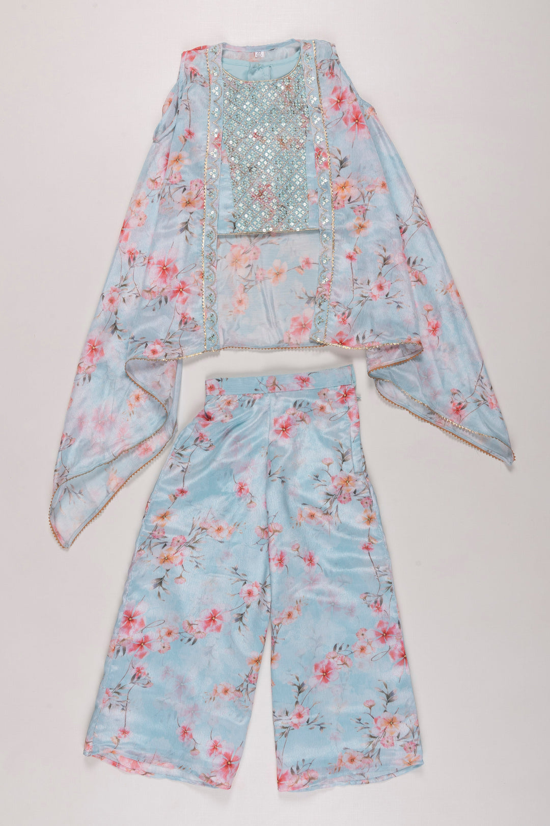 The Nesavu Girls Sharara / Plazo Set Girls Aqua Floral Crop Top & Palazzo Set with Asymmetrical Overcoat Nesavu 22 (4Y) / Blue GPS264A-22 Girls Designer Floral Crop Top and Palazzo Pants | Floral Print Girls Top with Palazzo Pants | The Nesavu