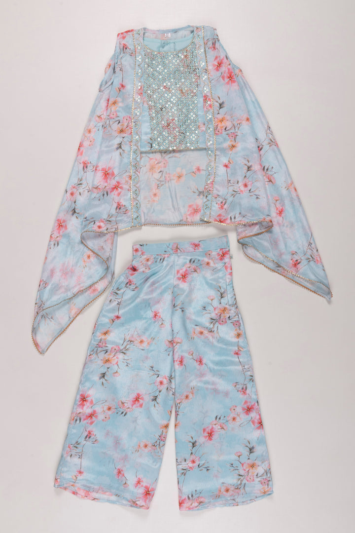 The Nesavu Girls Sharara / Plazo Set Girls Aqua Floral Crop Top & Palazzo Set with Asymmetrical Overcoat Nesavu 22 (4Y) / Blue GPS264A-22 Girls Designer Floral Crop Top and Palazzo Pants | Floral Print Girls Top with Palazzo Pants | The Nesavu