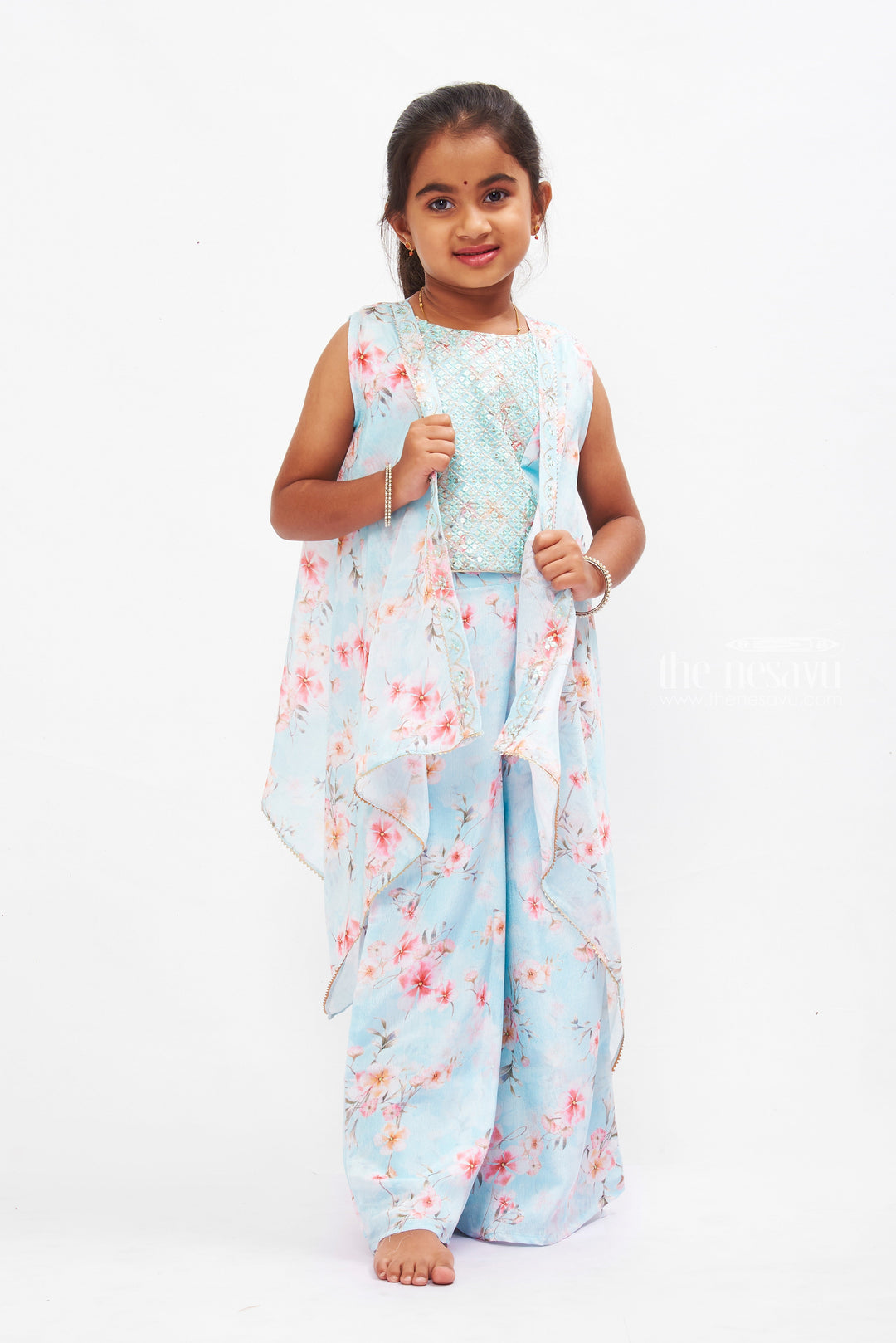 The Nesavu Girls Sharara / Plazo Set Girls Aqua Floral Crop Top & Palazzo Set with Asymmetrical Overcoat Nesavu Girls Designer Floral Crop Top and Palazzo Pants | Floral Print Girls Top with Palazzo Pants | The Nesavu