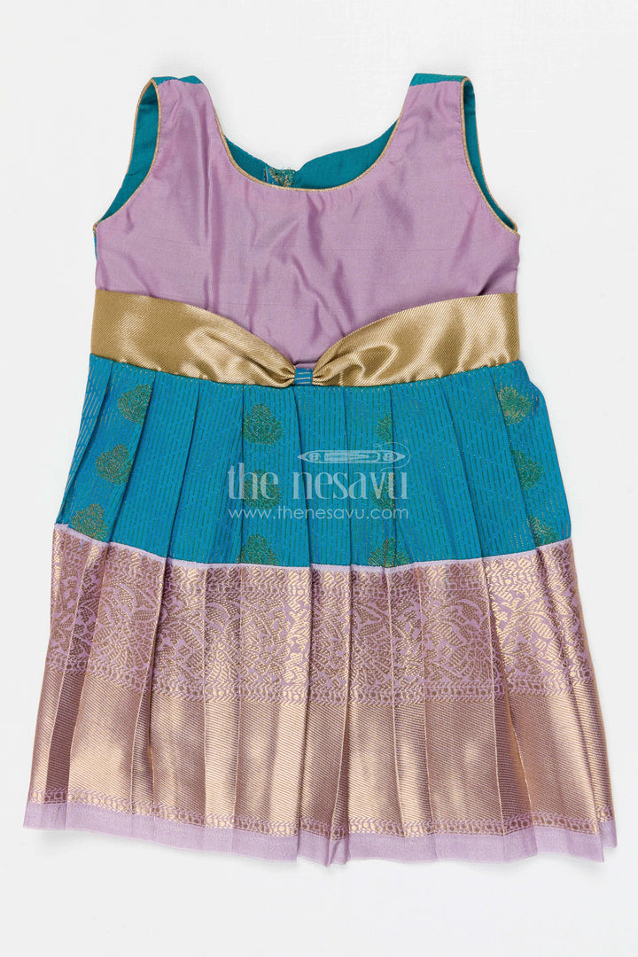 The Nesavu Girls Kanchi Silk Frock Girls Arani Silk Frock for Traditional Weddings and Functions Nesavu 10 (NB) / Blue / Style 3 KSF027AC-10 Nesavu Girls Semi Arani Kanchivaram Silk Frock For Weddings Traditional Functions And Festive Wear