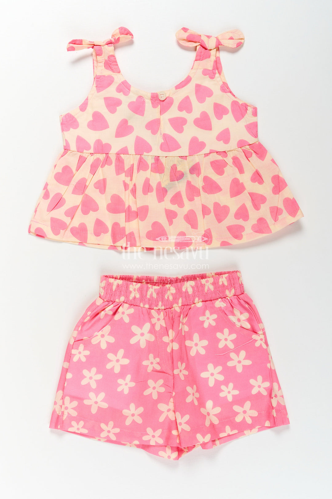 The Nesavu Baby Casual Sets Girls Baby Girl Dresses in Pink Cotton with Heart Print Top and Flower Print Shorts Two-Piece Set Nesavu Baby Girl Dresses Cotton Set Pink Heart Print Top Floral Shorts Cute Casual Wear | The Nesavu