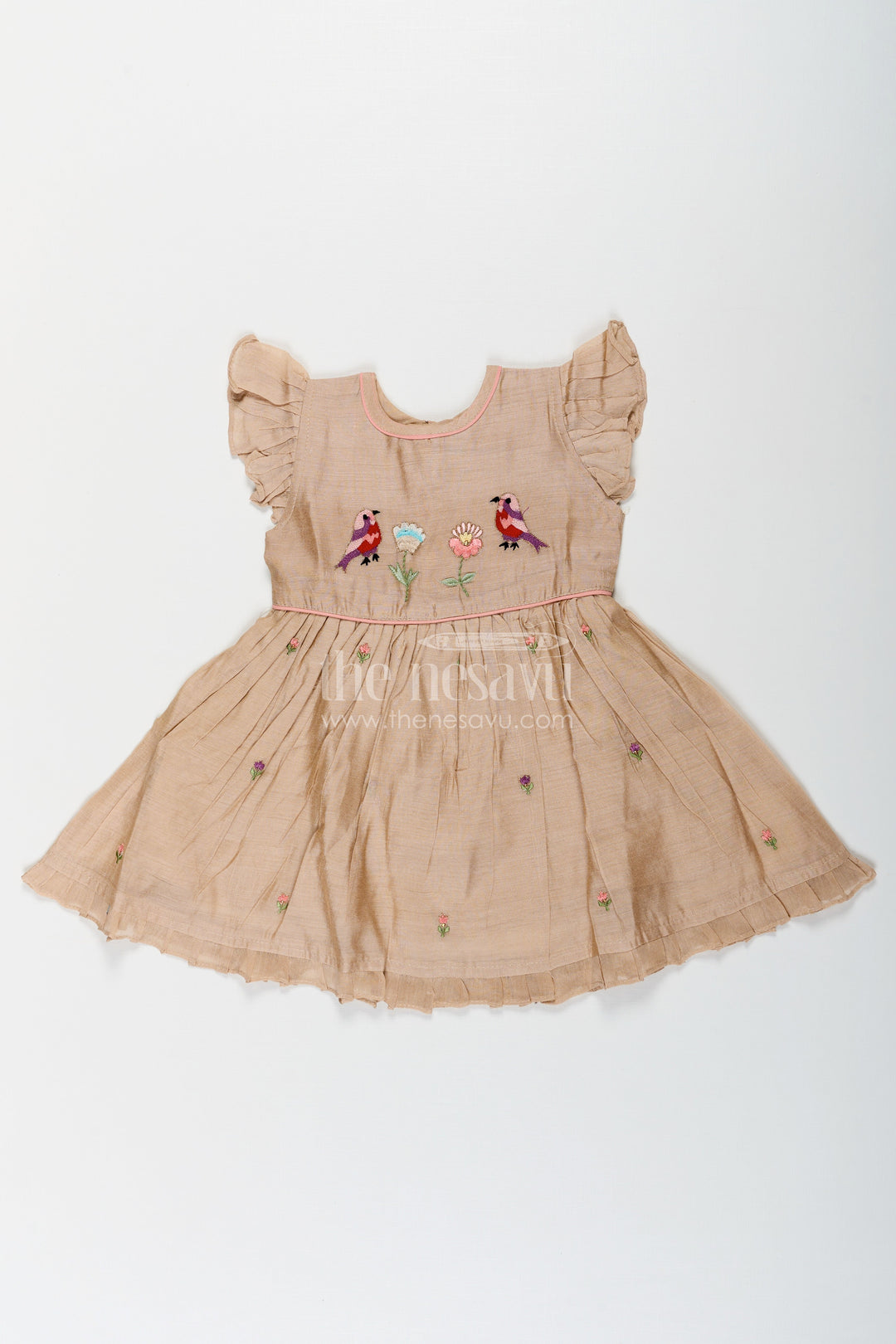 The Nesavu Girls Chanderi Frock Girls Baby Party Frock in Chanderi with Thread Embroidery and Frill Sleeves Nesavu Nesavu Girls Chanderi Baby Party Frock Embroidered Birds Frill Sleeves